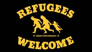 Suche nach EhrenamtlichenRefugees welcome Logo schwarzer Hintergrund gelbe Schrift